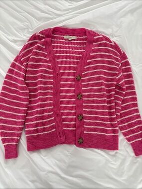 LOFT Fuchsia and White Striped V-Neck Button Cardigan